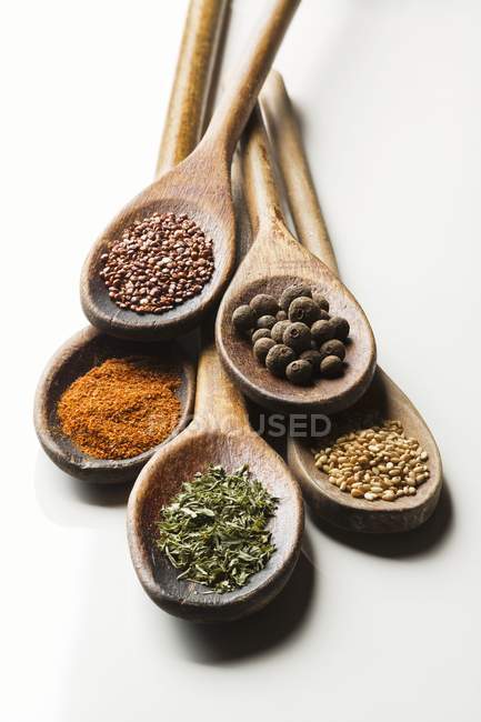 Closeup view of wooden spoons with assorted spices — Stock Photo
