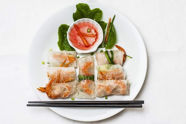 Top view of seafood rolls with prawns, herbs and sauce — Stock Photo