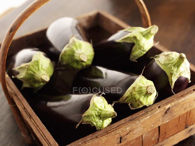 Beringelas frescas em cesta — Fotografia de Stock