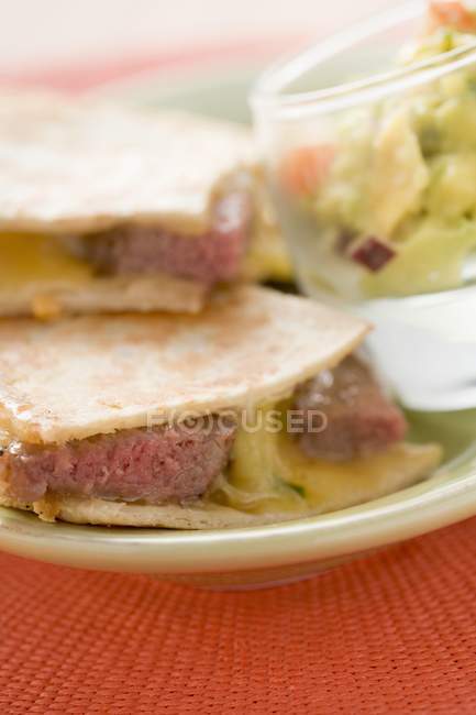Beef quesadillas with guacamole — Stock Photo