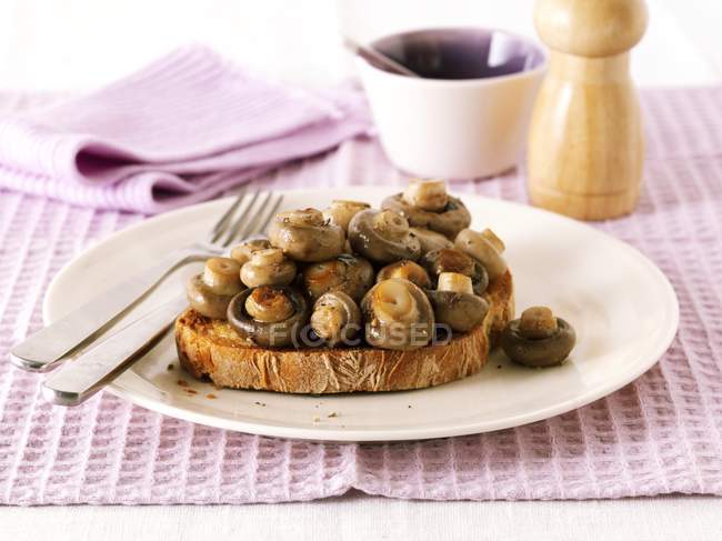 Mushrooms on toast on plate — Stock Photo