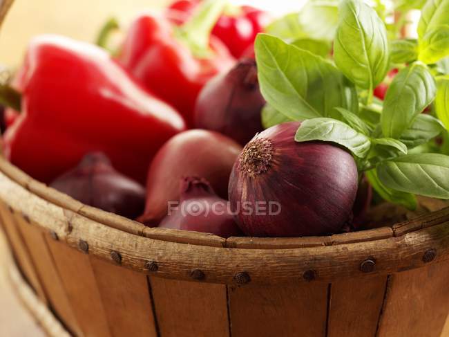 Cipolle con peperoni e basilico — Foto stock