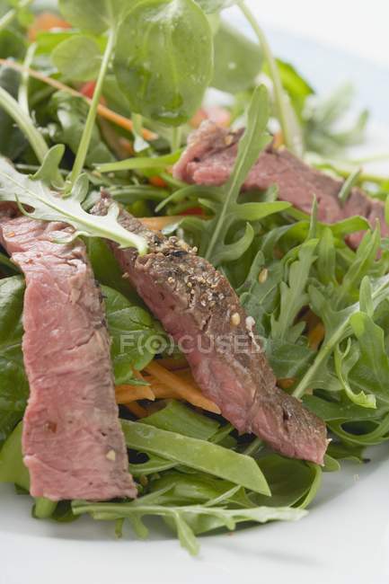 Steak with green leaves — Stock Photo