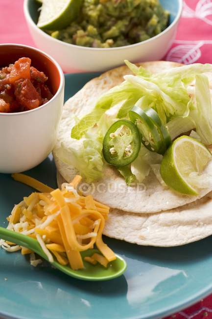 Vista close-up de ingredientes de embrulho com Salsa e Guacamole — Fotografia de Stock