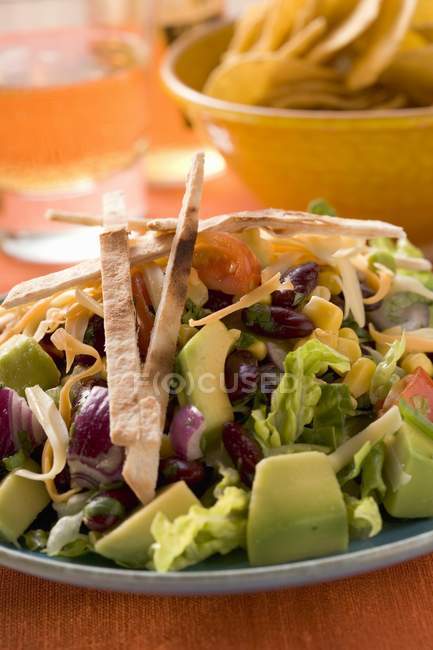 Тортилья салат на голубой тарелке над деревянной поверхностью — стоковое фото