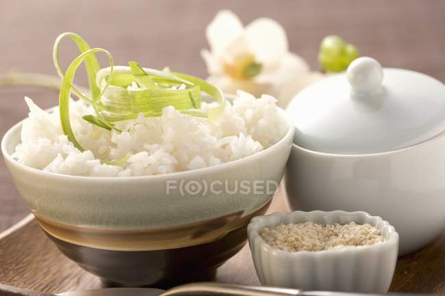 Cooked white rice with herbs — Stock Photo