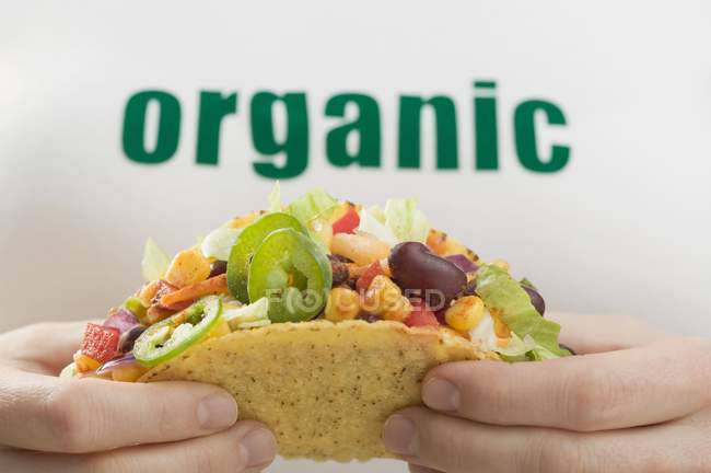 Hände, die Gemüse-Taco mit Bio-Schriftzug auf dem Hemd halten — Stockfoto