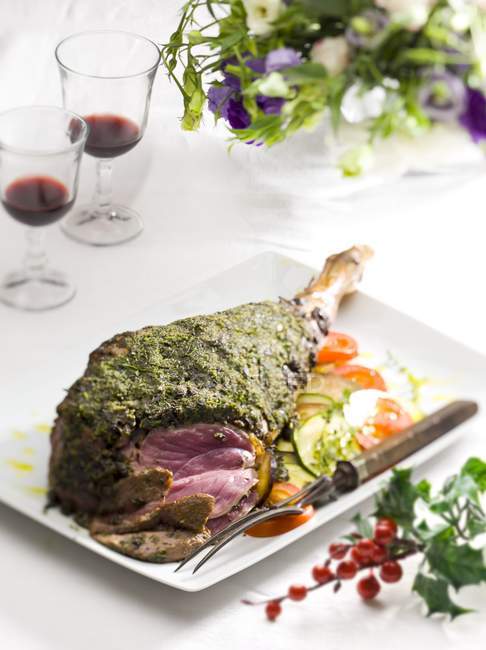 Roasted Leg of lamb with herb crust — Stock Photo