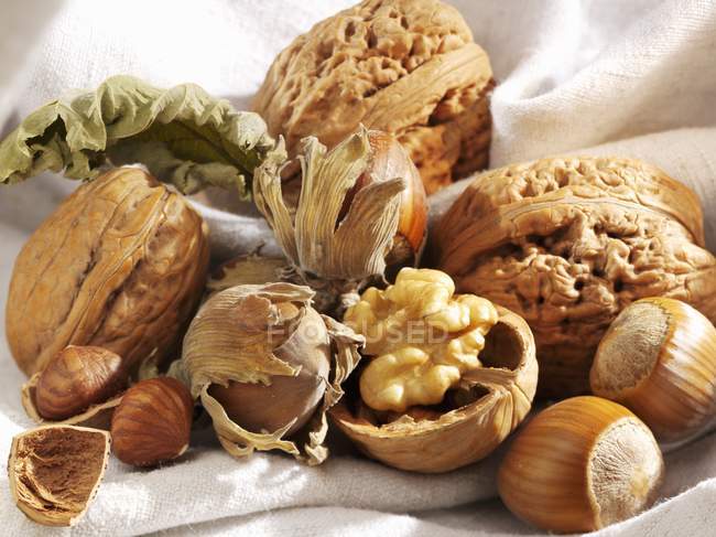 Walnuts and hazelnuts on textile — Stock Photo