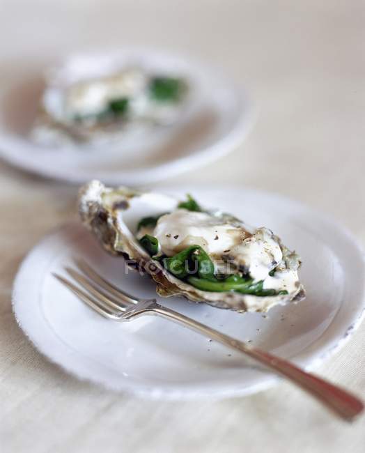 Oyster in garnished shell  on white plate with fork — Stock Photo