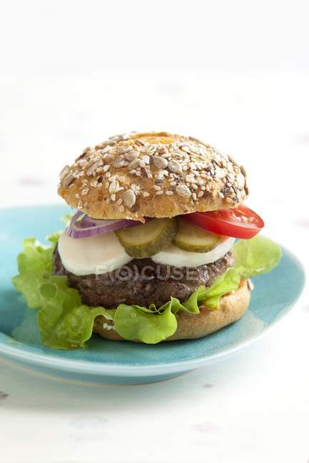 Hamburger with mozzarella and vegetables — Stock Photo