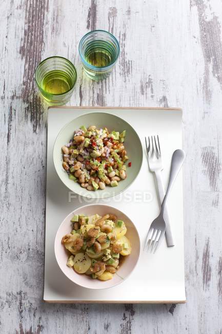 Картофельный салат и бобовый салат на тарелках над подносом — стоковое фото