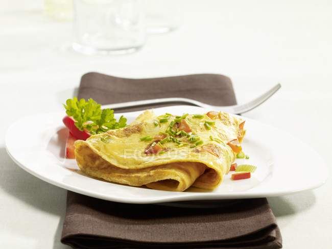 Une omelette de campagne sur une assiette blanche sur une serviette — Photo de stock