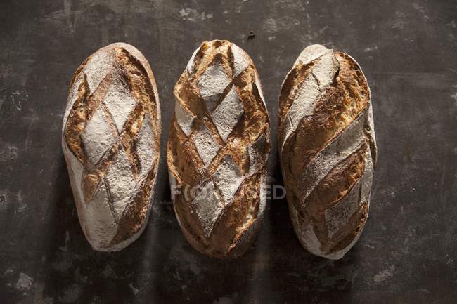 Vue de dessus de trois pains de campagne dans une rangée — Photo de stock