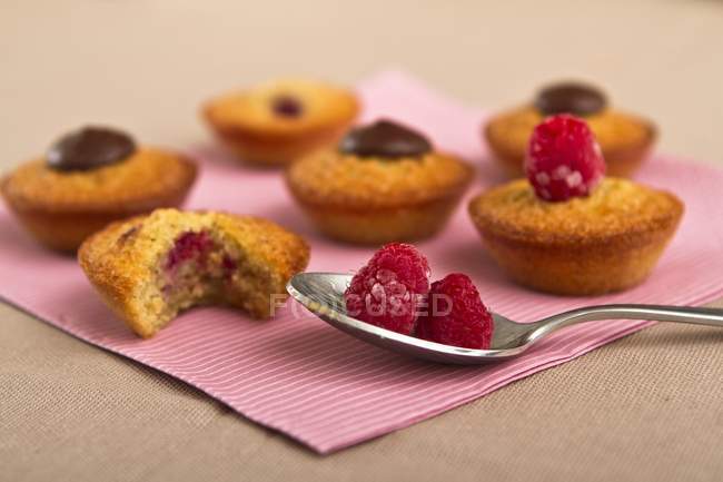 Closeup view of Financiers with chocolate and raspberries — Stock Photo