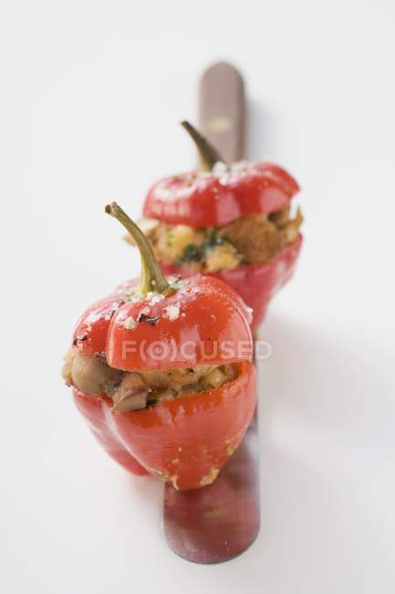 Two peppers with bread and mushroom stuffing on knife over white surface — Stock Photo