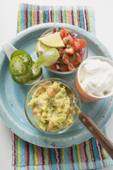 Guacamole, salsa y crema agria en plato azul - foto de stock