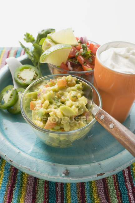 Guacamole, salsa e panna acida sul piatto — Foto stock