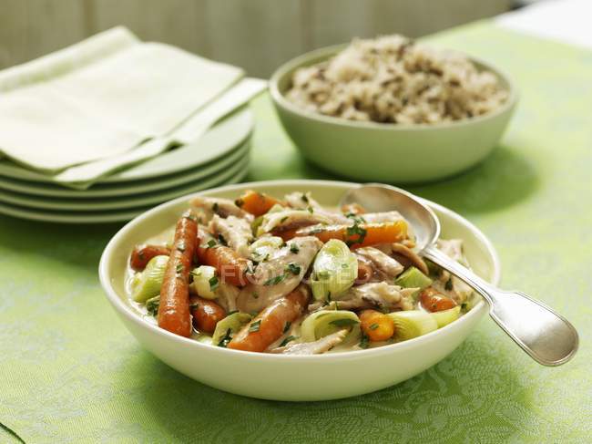 Stufato di verdure con tacchino in ciotola verde con cucchiaio — Foto stock