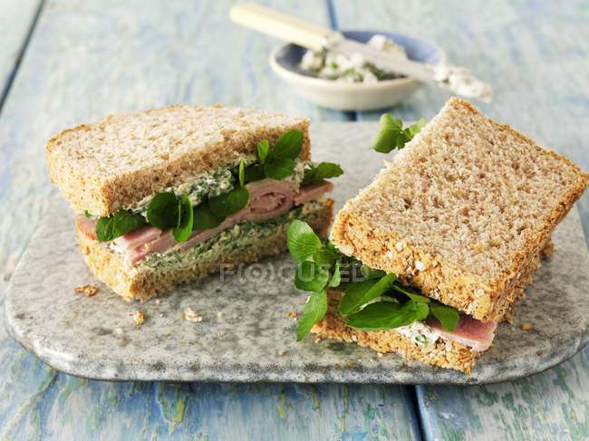 Ham sandwich with watercress — Stock Photo