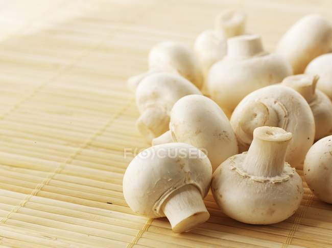 Funghi freschi su un tappetino di bambù — Foto stock