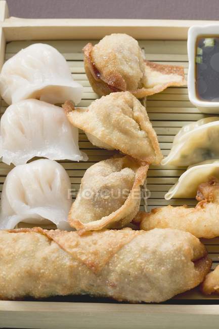 Closeup view of Dim Sum and spring rolls with soy sauce — Stock Photo