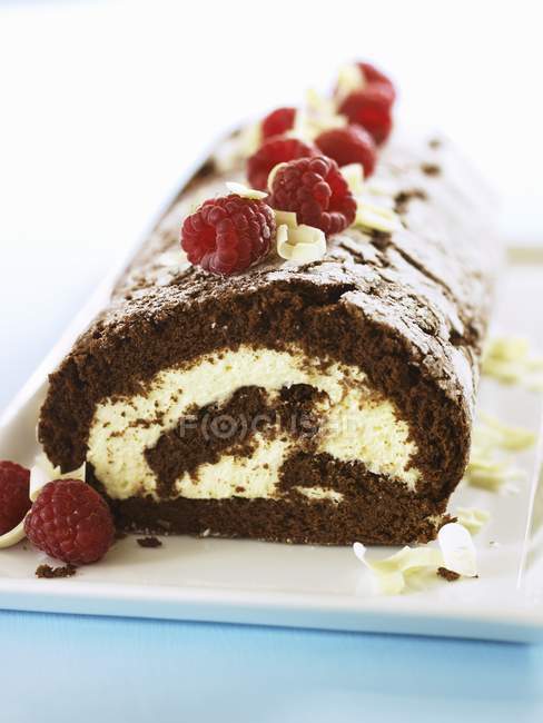 Closeup view of chocolate Swiss roll with raspberries — Stock Photo