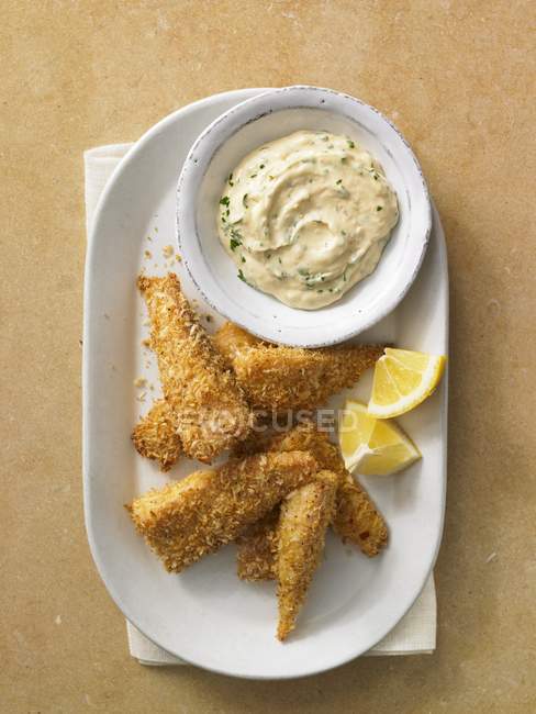 Breaded fish with dip — Stock Photo