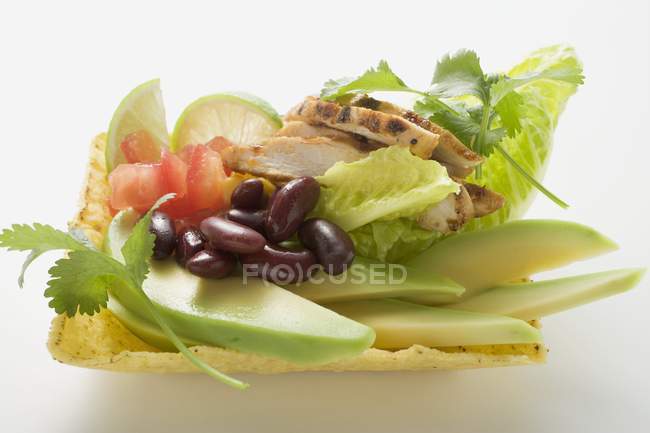 Vista da vicino del pollo con verdure, calce e foglie di coriandolo in guscio di mais — Foto stock