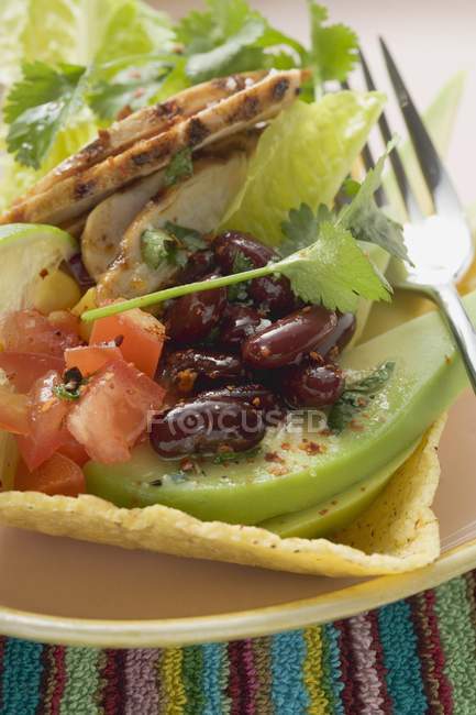 Pollo, verduras y hojas de cilantro en concha de taco en plato con tenedor - foto de stock