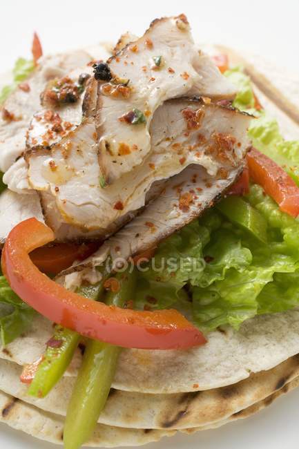 Closeup view of grilled Tortillas with chicken and peppers — Stock Photo