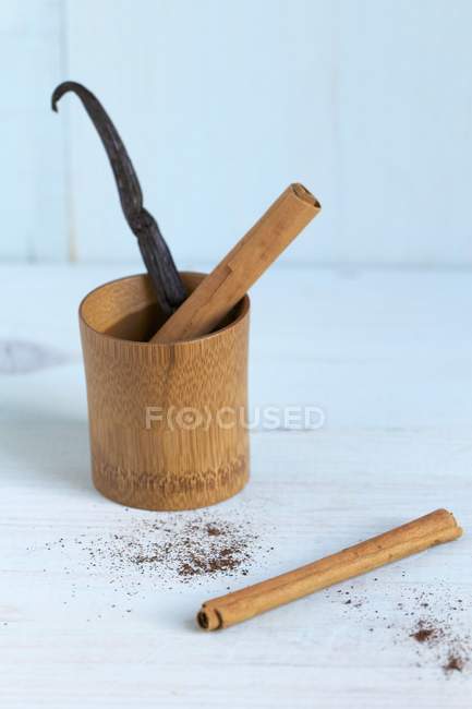 Vanilla pod and cinnamon sticks — Stock Photo