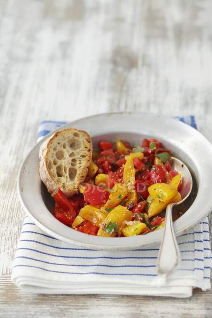 Roast pepper and tomato salad on white plate with spoon over towel — Stock Photo