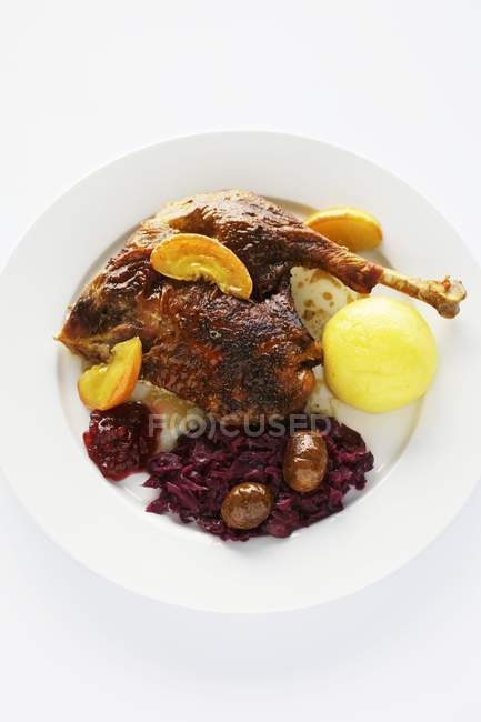 Roast goose with red cabbage with chestnuts, caramelised apple wedges and potato dumplings on white plate — Stock Photo