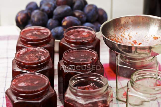 Jars of homemade damson jam — Stock Photo