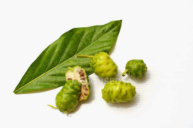 Noni fruits with green leaf — Stock Photo