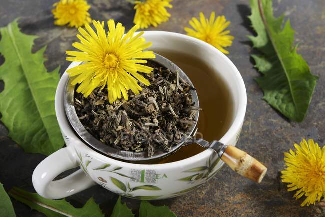 Dandelion tea and flowers — Stock Photo
