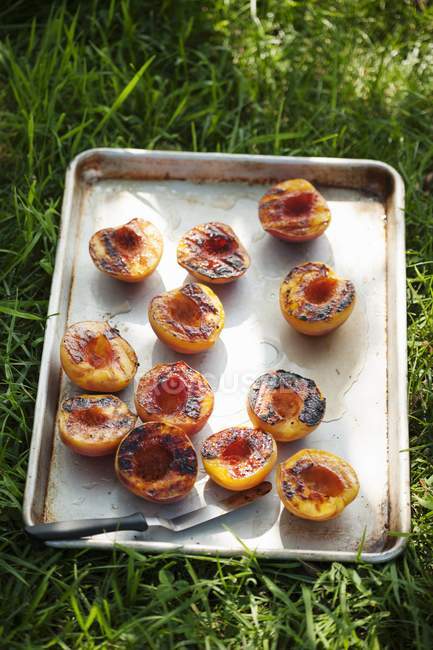 Pan of Grilled Peach Halves on the Grass outdoors — Stock Photo
