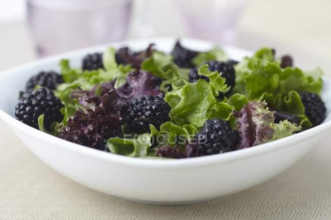 Closeup view of organic greens and blackberry salad — Stock Photo