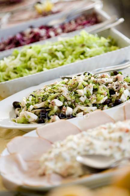 Closeup view of starter buffet with selection of salads — Stock Photo