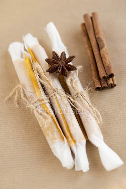 Closeup view of apple fruit leather rolled in white paper — Stock Photo