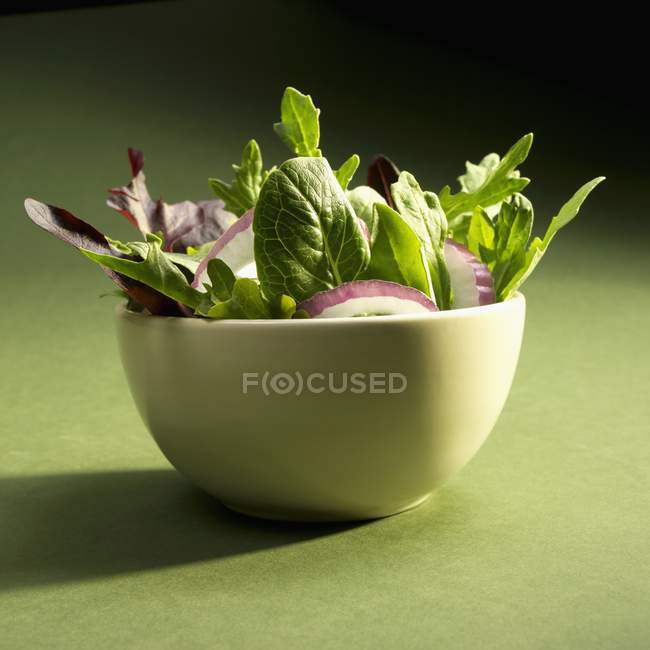 Салат из зелени с красным луком на зеленом фоне — стоковое фото