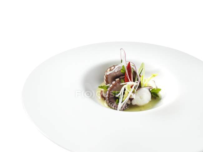 Small portion of octopus salad in white dish — Stock Photo