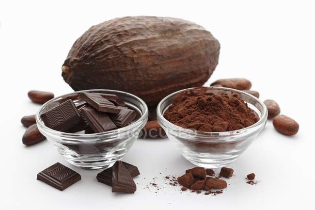Шоколадні квадрати і какао-стручок — стокове фото