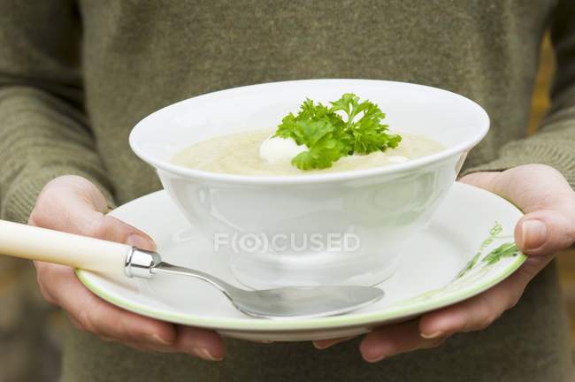 Woman holding bowl of celery soup — Stock Photo