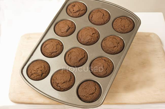 Muffins au chocolat dans un plateau à muffins — Photo de stock