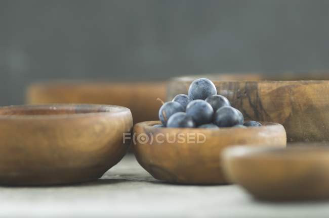 Ягоды Слоу в деревянной чаше — стоковое фото