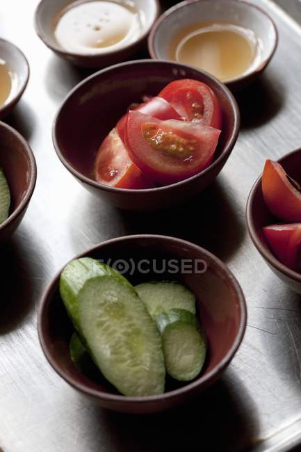 Prep Bowls with Cucumbers — Stock Photo