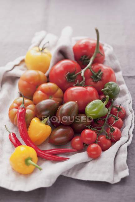 Surtido de tomates y chiles - foto de stock