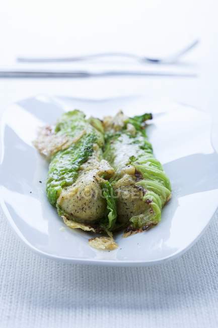 Involtini con la polenta taragna - савойские капустные рулеты с полентой и гречихой на белой тарелке — стоковое фото
